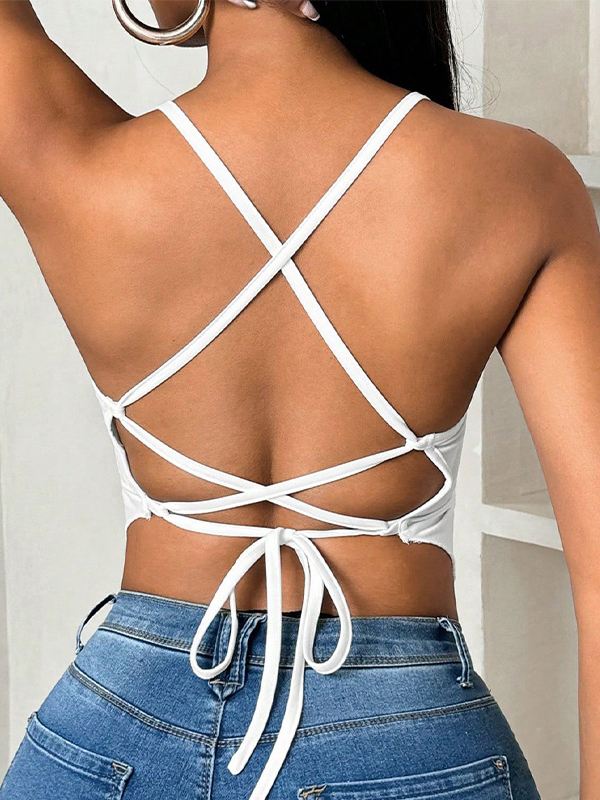 Backless Pleated Solid Color Tied Loose Sleeveless Deep V-Neck Vest Top