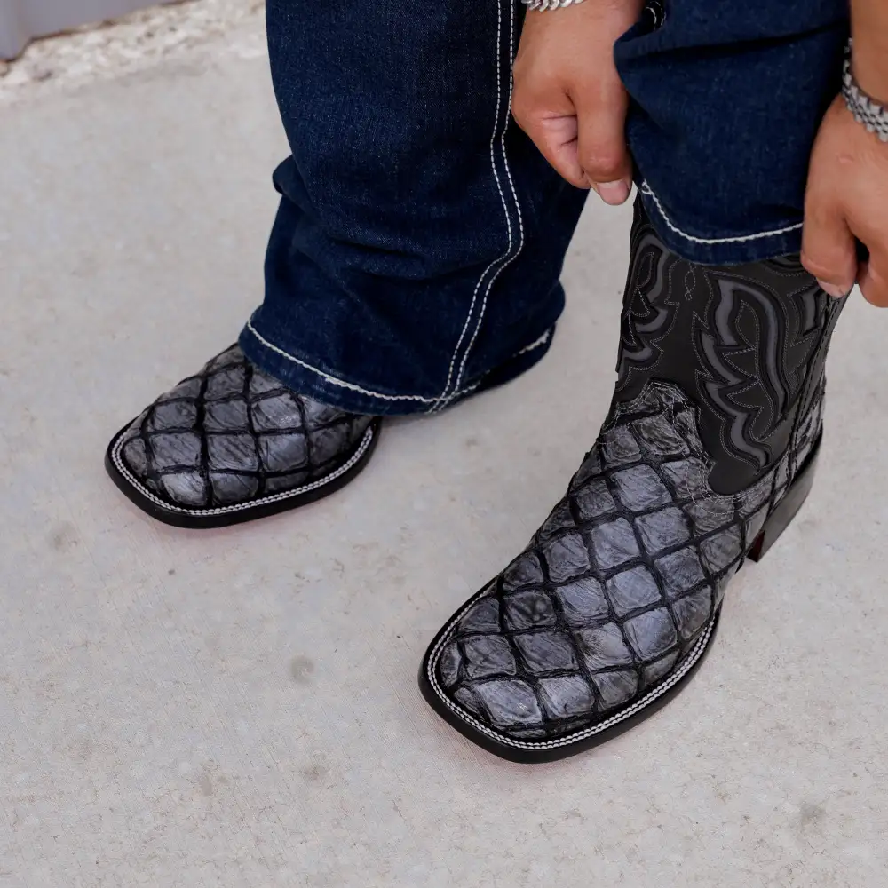 Midnight Grey Pirarucu Leather Boots - Square Toe