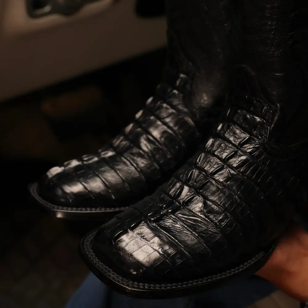 “TOTAL BLACK” Caiman Leather Boots - Square Toe