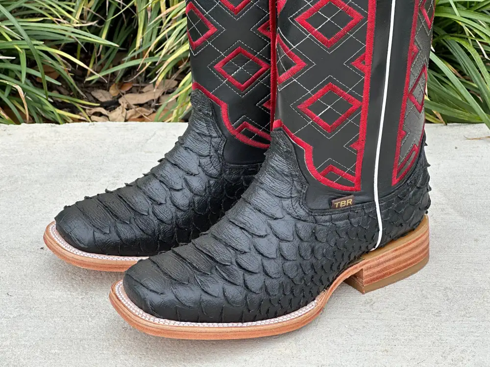 Mens Black Matte Python Leather Boots With Red Embroidery On Shaft