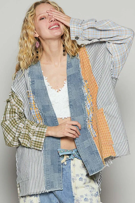 Raw Edge Plaid & Striped Open Front Cardigan