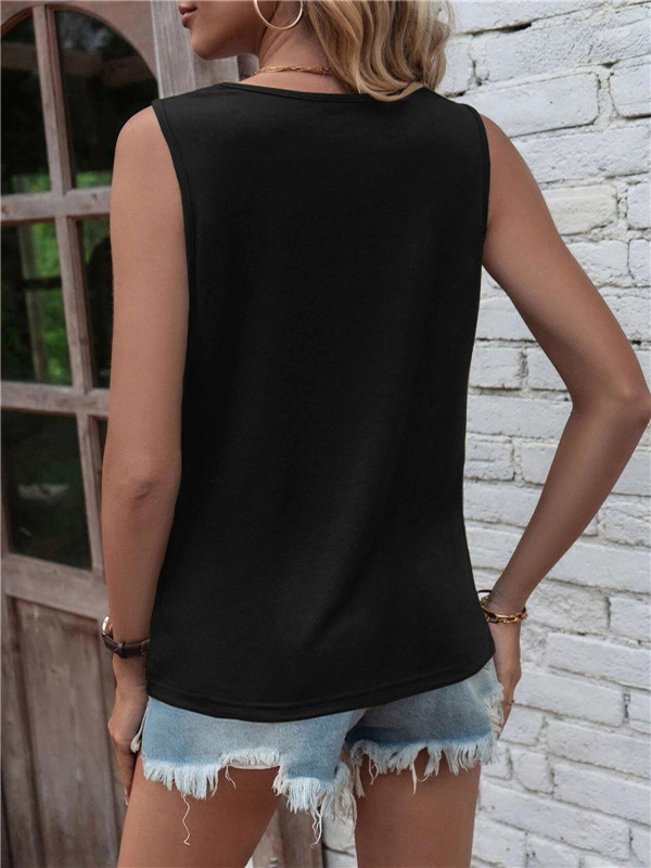 Hollow Knot Pleated Solid Color Sleeveless Round-Neck Vest Top