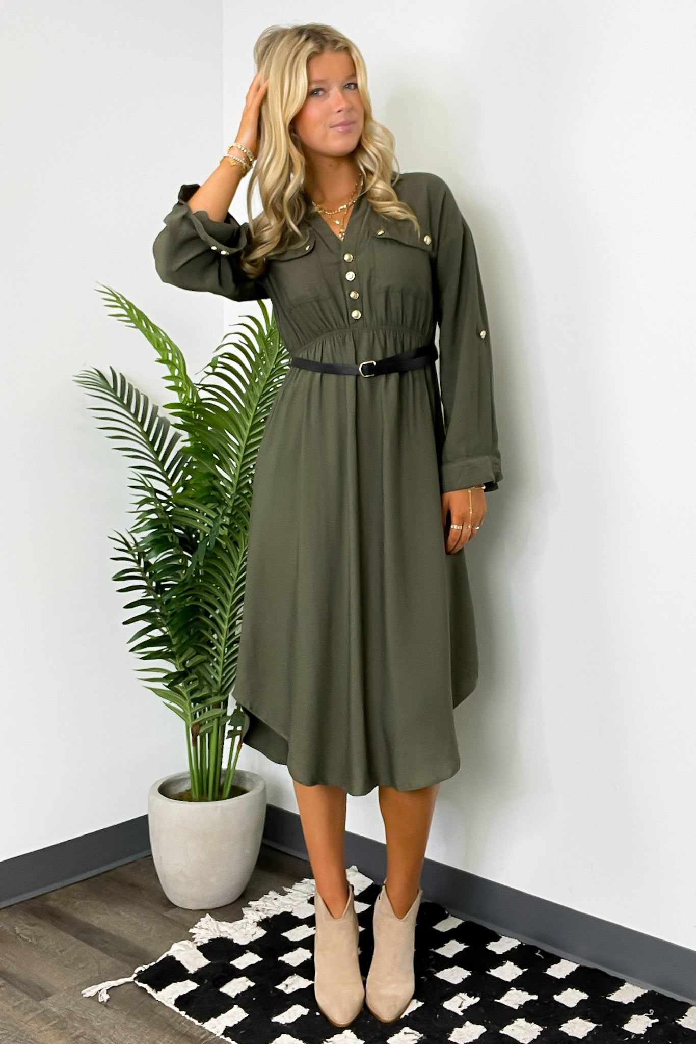 Adeline Button Down Belted Midi Dress