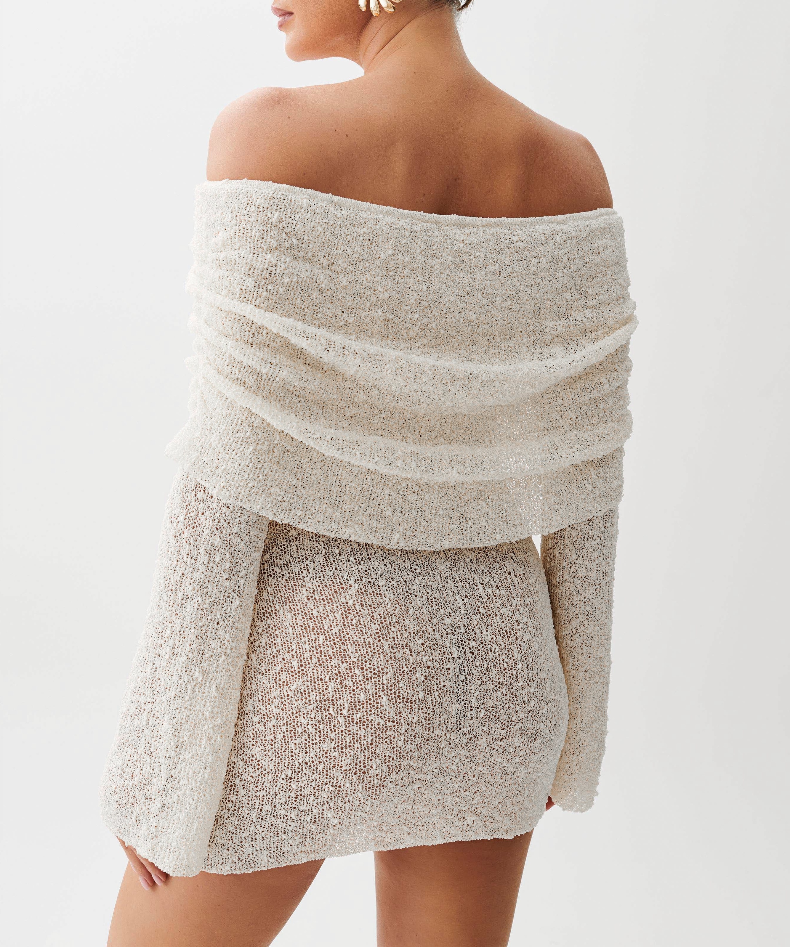 Ivory Off Shoulder Boucle Mini Dress