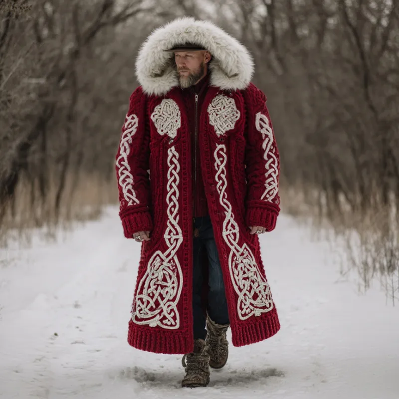 Men's Christmas Santa Celtic Art Mid-length Chunky Knit Cardigan Sweater