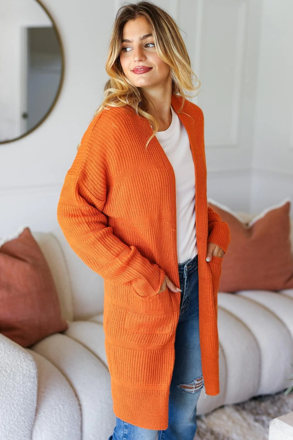 Fancy  Stripe Textured Open Front Cardigan with Pockets