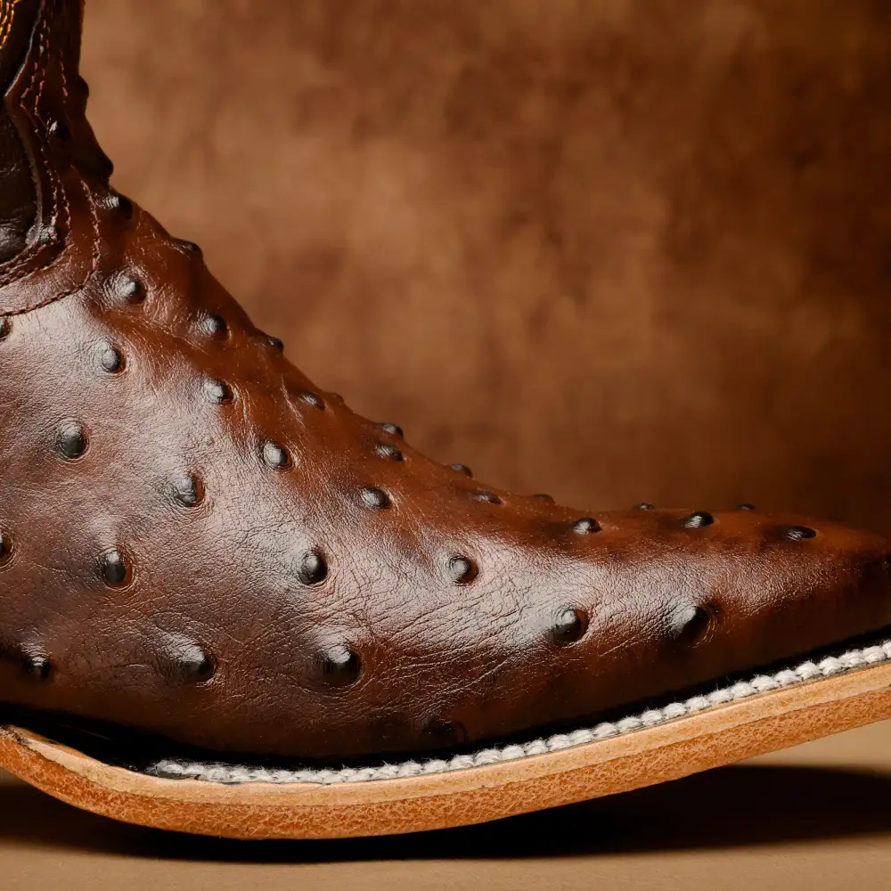 Chocolate Brown Ostrich Leather Boots - Square Toe