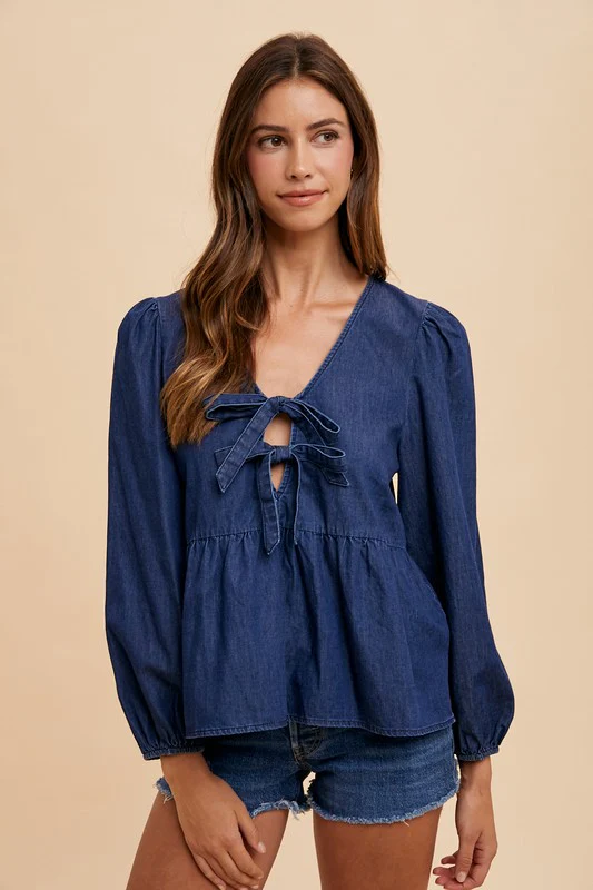 Wear Tie Front Peplum Long Sleeve Denim Top