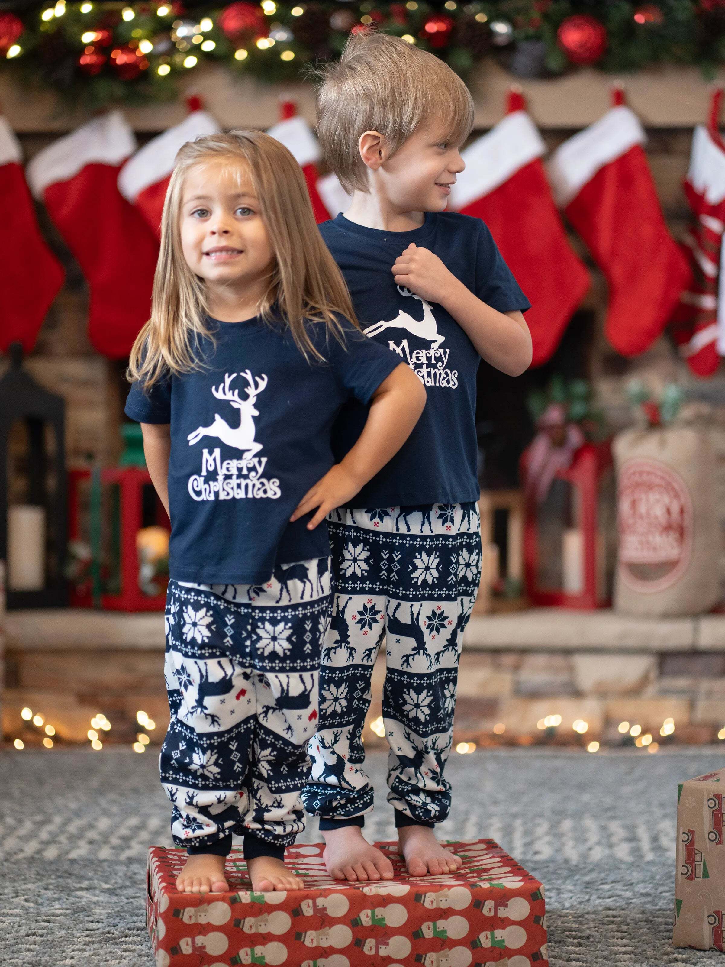 Christmas Reindeer Print Glow in the Dark Family Matching Pajamas Sets with Christmas Socks Deep Blue