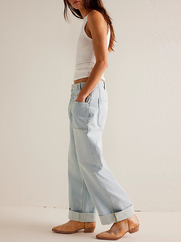 Casual Non-Stretch Washed Straight Wide-Leg Jeans Pants