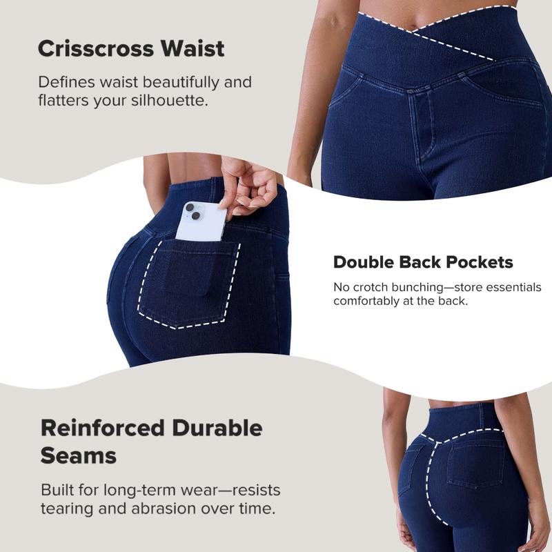 Women’s High-Waisted Bootcut Flare Jeans – Crossover Waist, Stretch Denim & Back Pockets