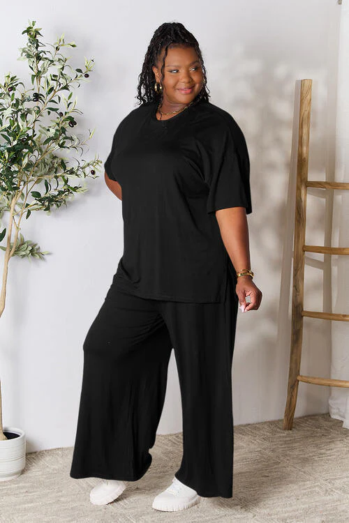 Full Size Round Neck Slit Top and Pants Set