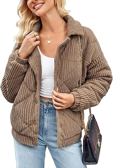 Women's Bomber Jacket Corduroy Ribbed Quilted Zip Up Long Sleeve Winter Coat Fall Outerwear Tops with Pockets