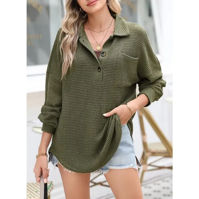 Women's Waffle Henley Shirt Tops