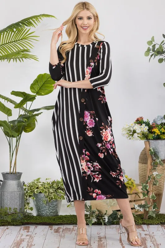 Celeste Full Size Stripe Floral Contrast Midi-Dress with Buttons Plus Size