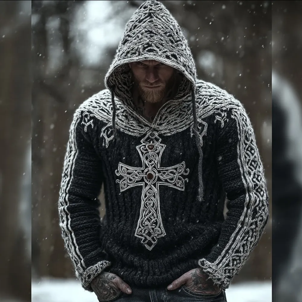Men's Viking Style Celtic Cross Hooded Sweater
