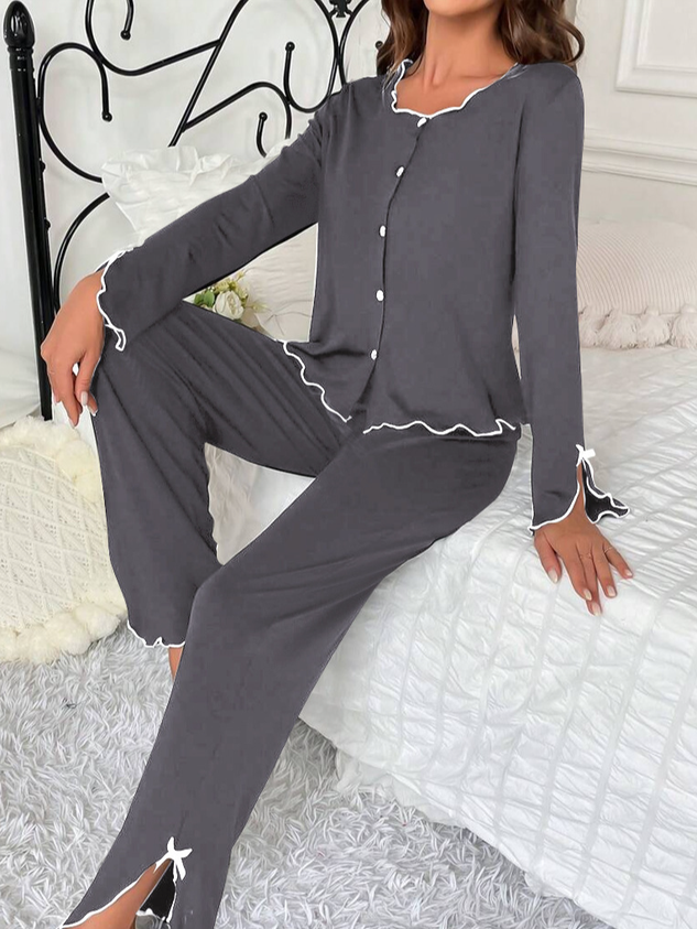 Ruffle Hem Long-Sleeved Trousers Two-Piece Set Comfortable High-End Home Wear Suit Casual And Good For Sleeping