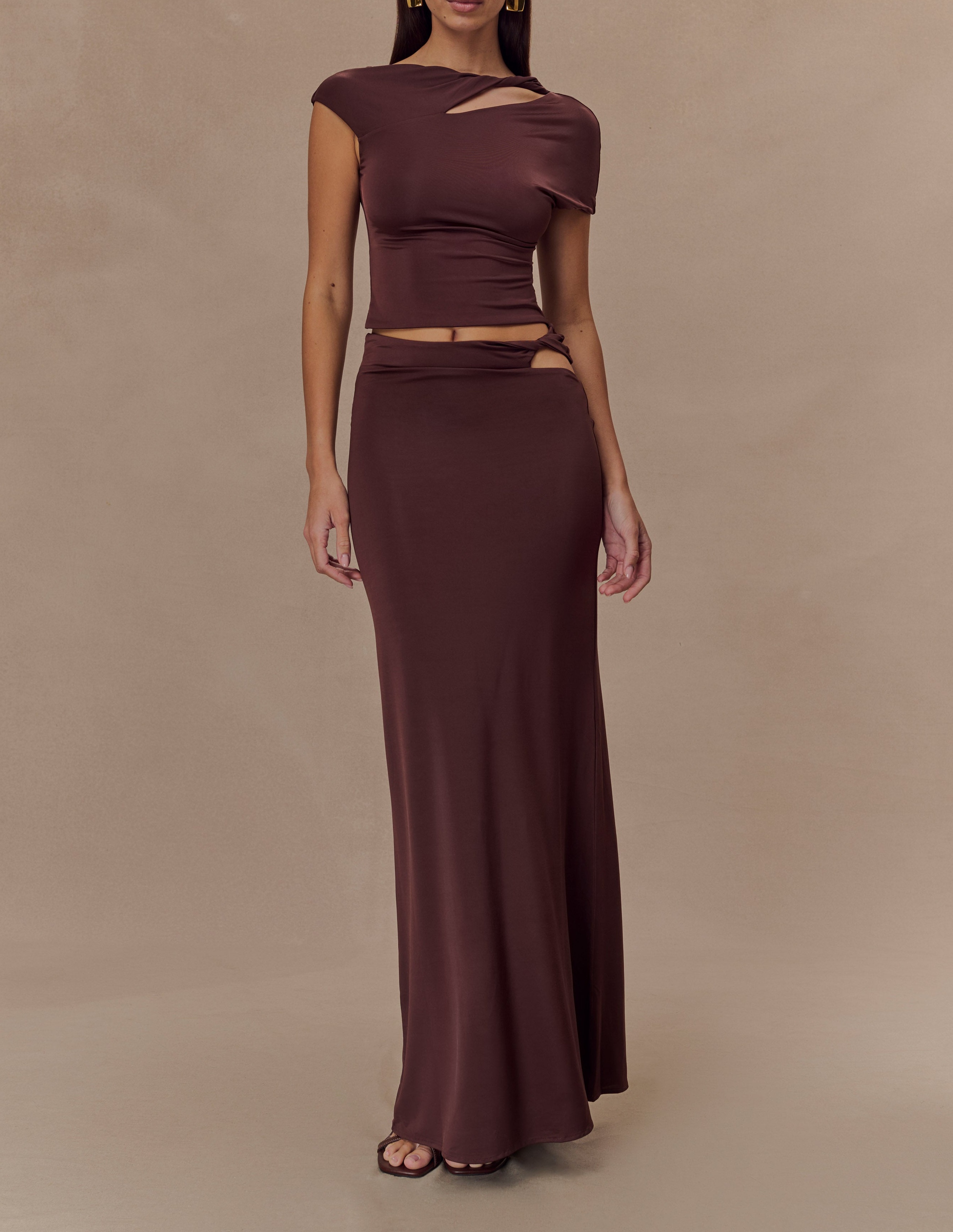 Chocolate Slinky Twist Midi Skirt