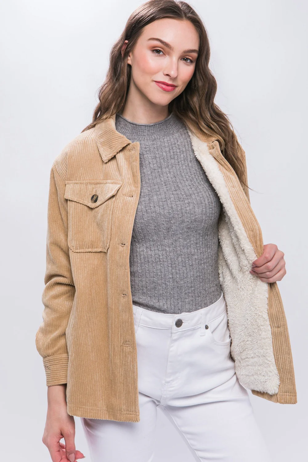 Love Tree Corduroy Button Up Jacket with Sherpa Inside