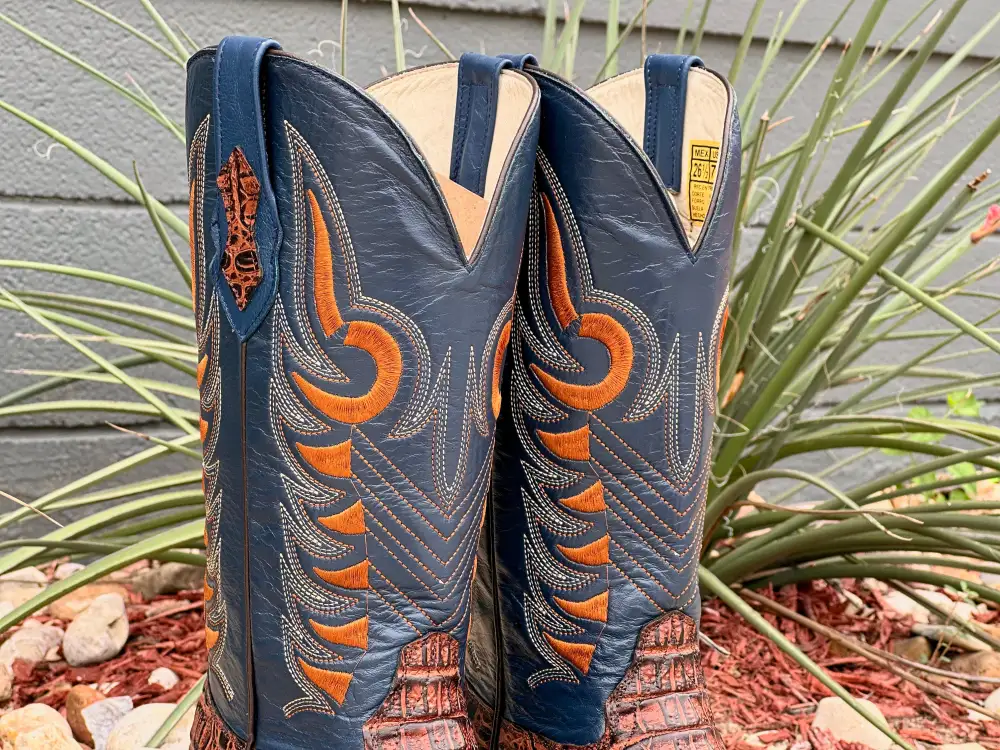 Mens Cognac Crocodile Leather Boots With Blue Shaft