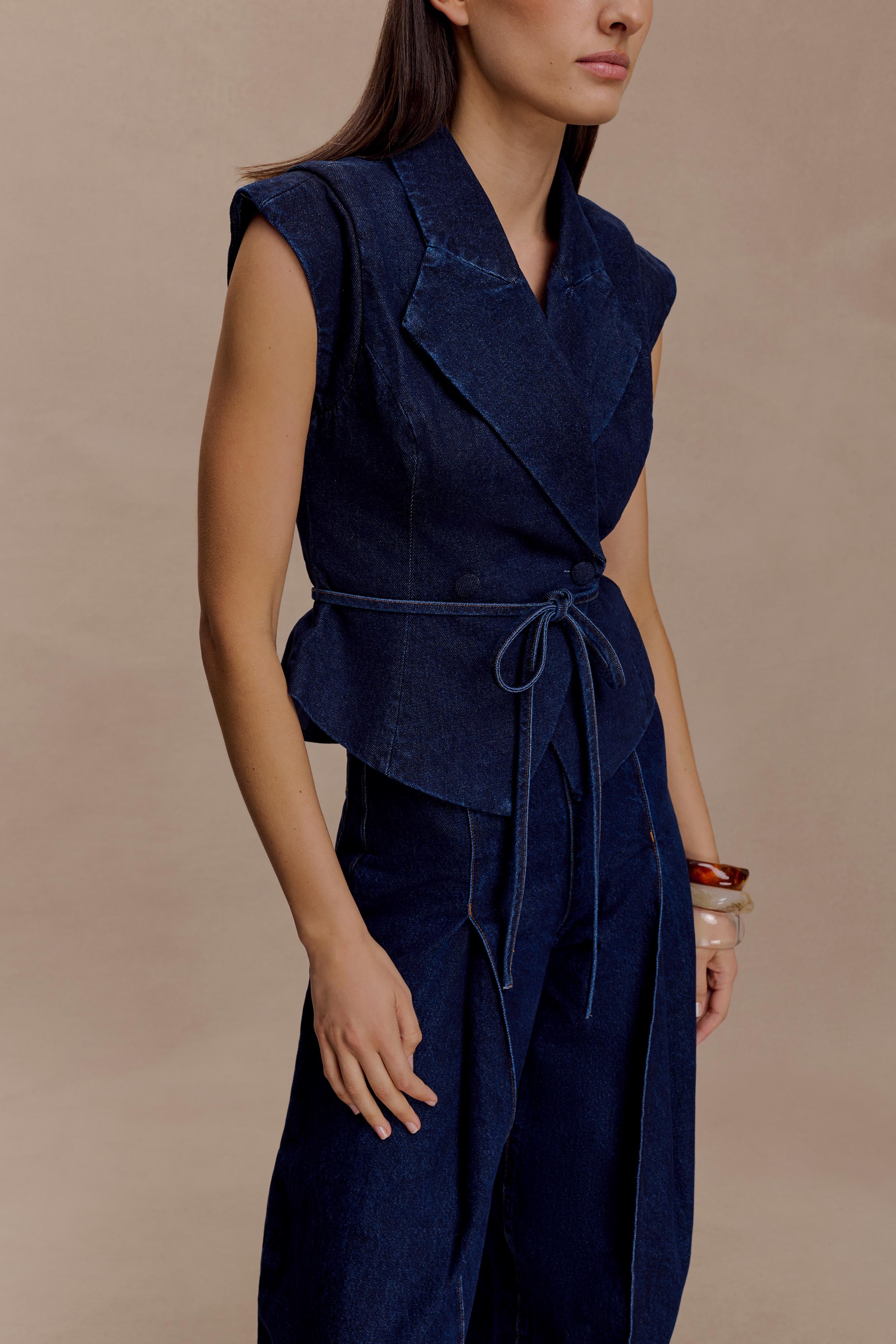 Blue Structured Tie Denim Top