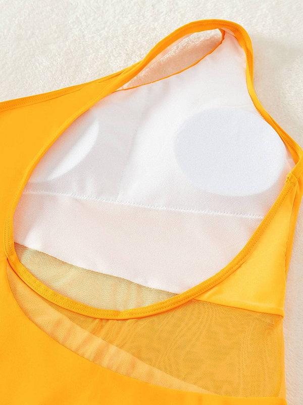 Mesh Solid Color One-Shoulder One-Piece Swimwear