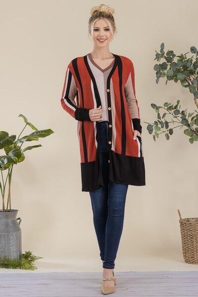 Celeste Full Size Striped Button Up Long Sleeve Cardigan