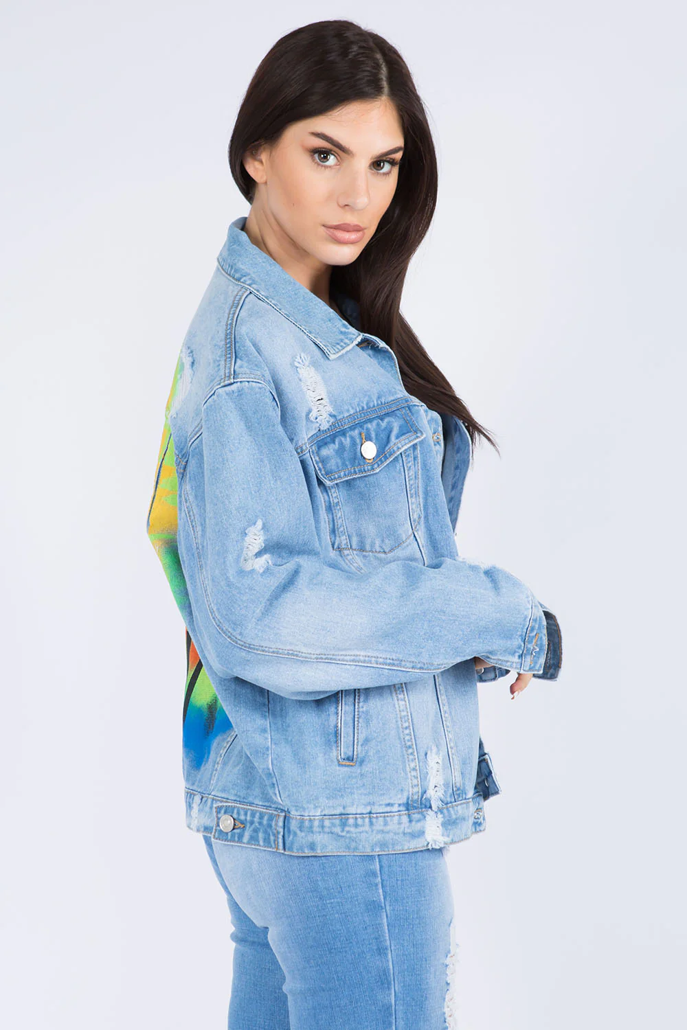 Full Size Painted Back Distressed Denim Jacket