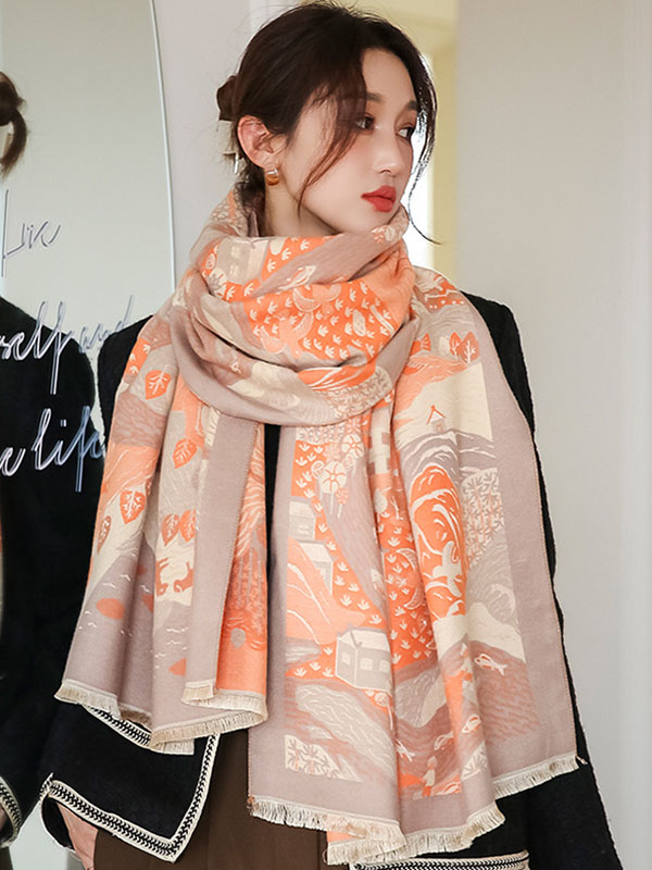 Vintage Printed Tasseled Shawl&Scarf