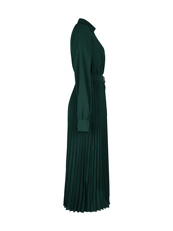 Belted Pleated Solid Color A-Line Long Sleeves Lapel Midi Dresses