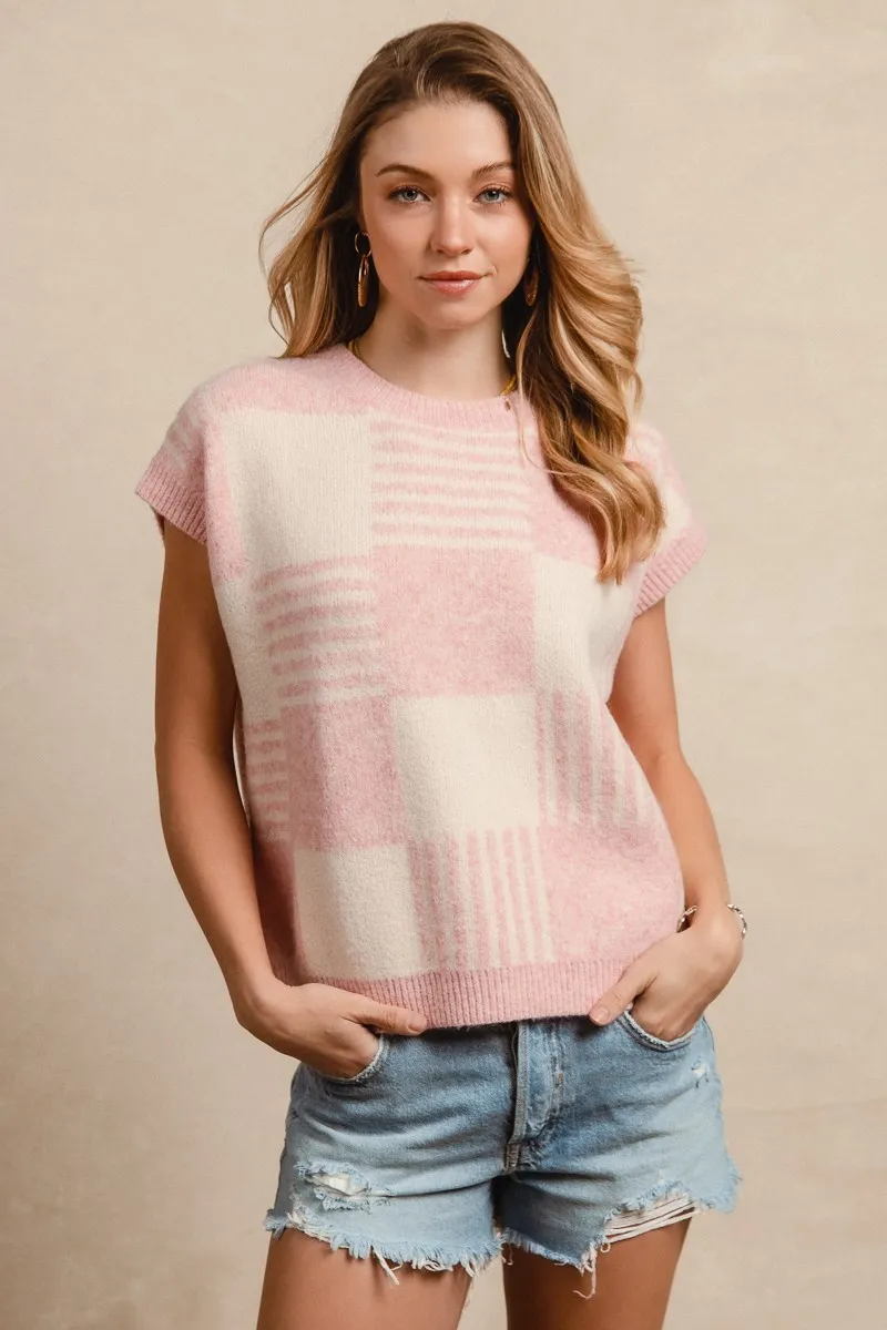 Checker With Stripes Pattern Sleeveless Sweater