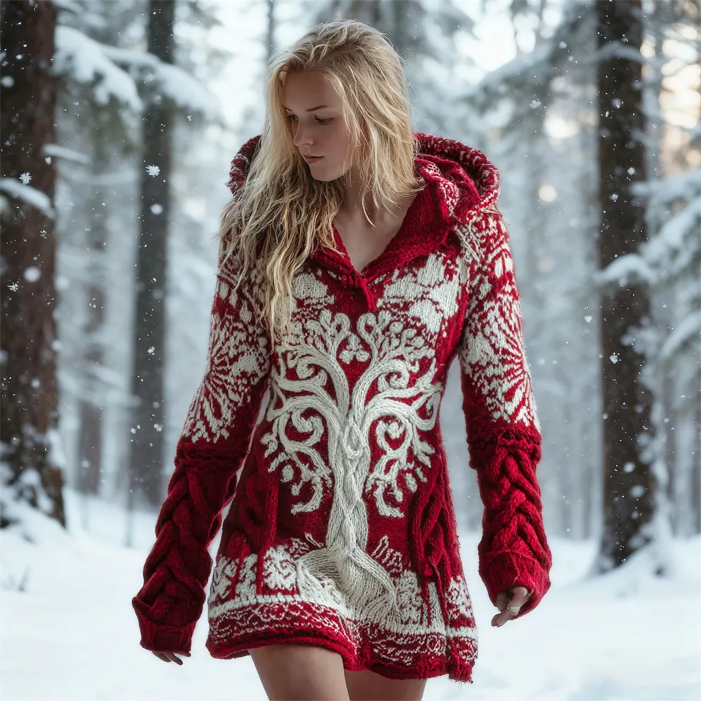 Christmas Viking Celtic Tree Women's Knit Hooded Mini Dress