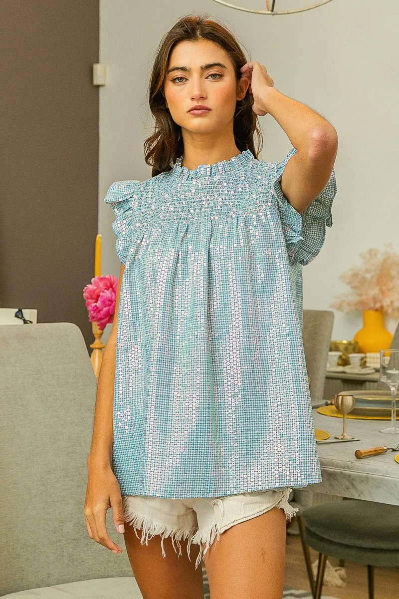 Clear Sequin All-over Gingham Smocked Top