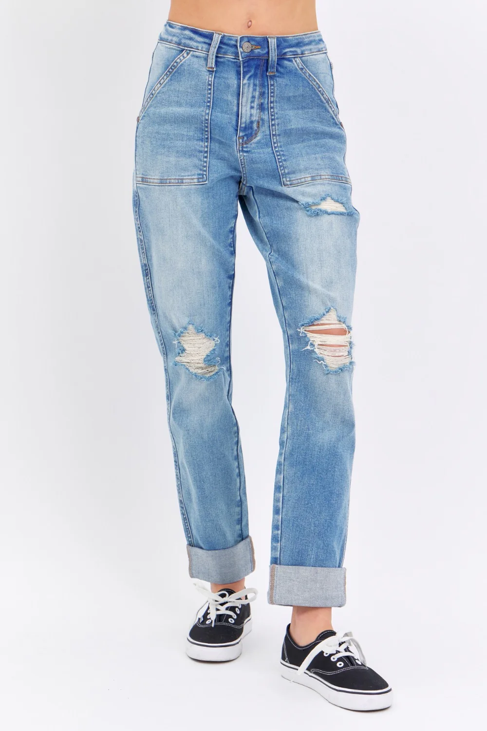Blue Full Size Distressed Straight Jeans with Patch Pockets