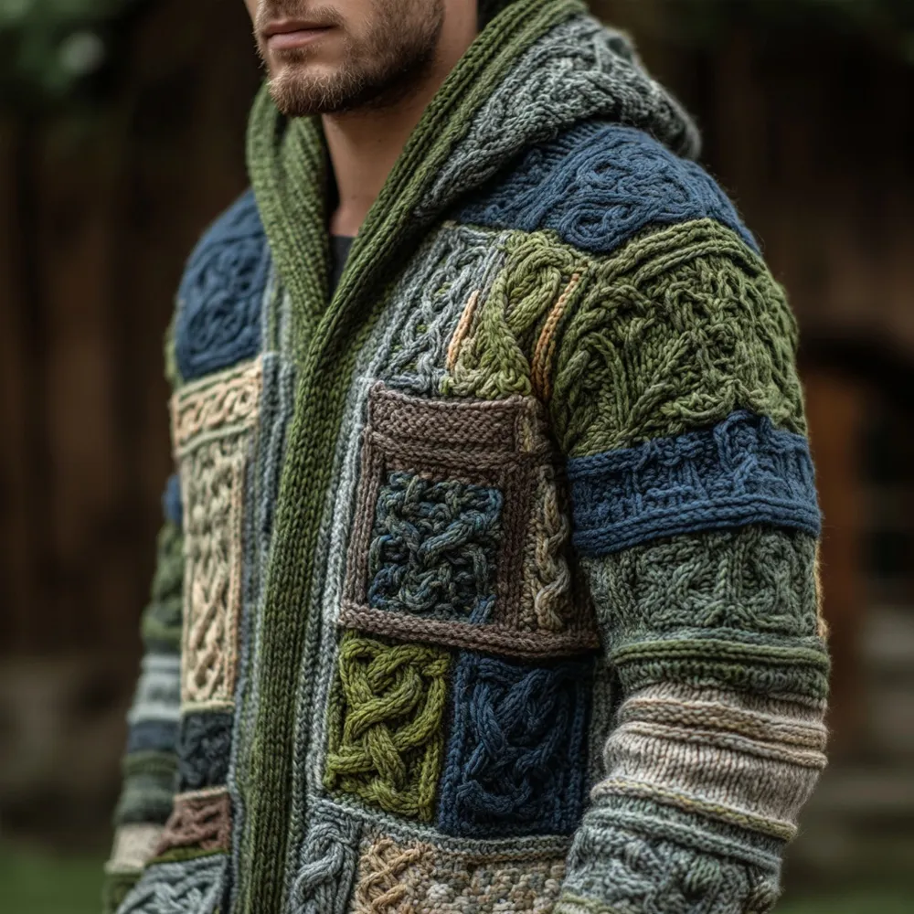 Men's Retro Geometric Patchwork Knit Chunky Hooded Cardigan