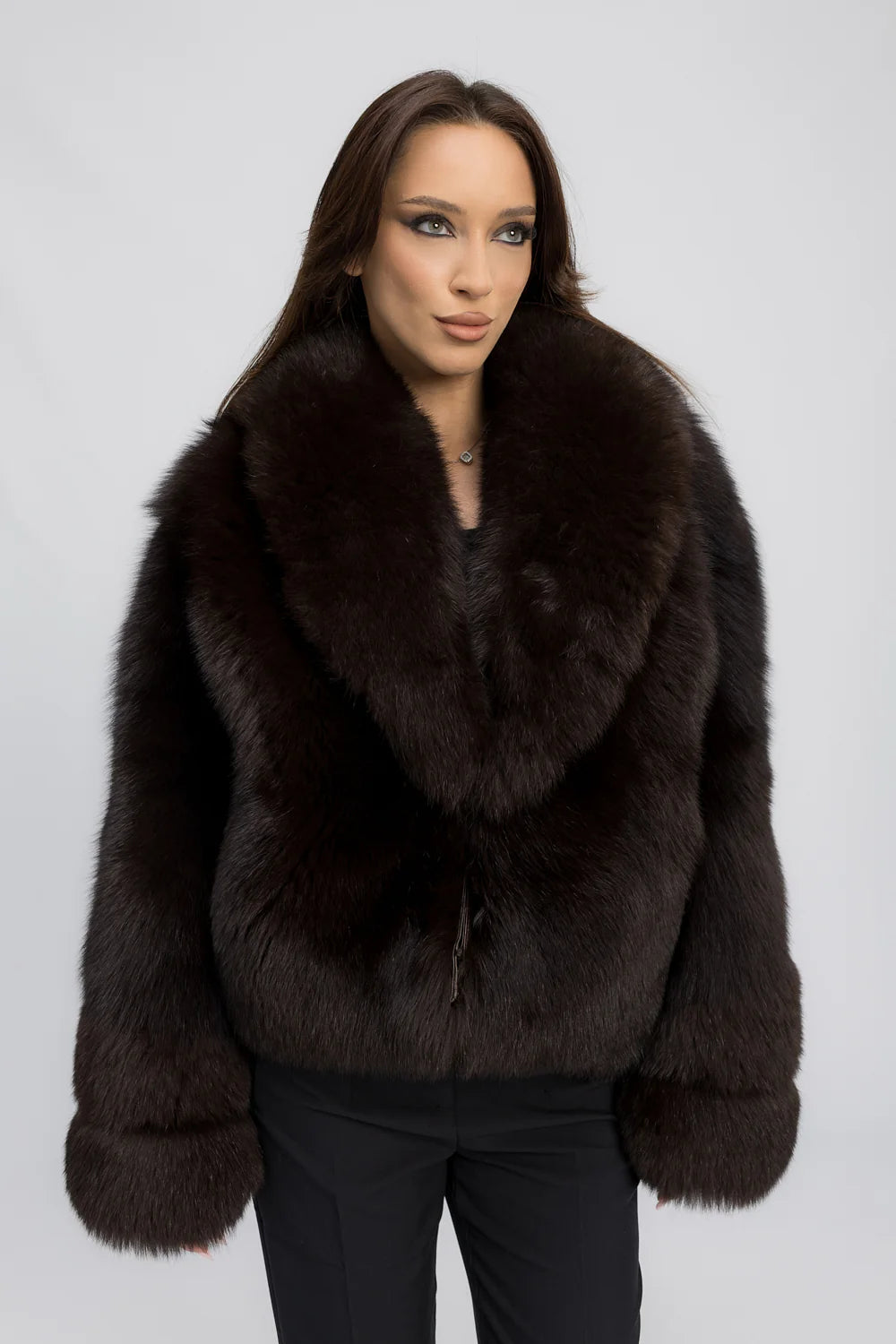 Haină din Blană Naturală de Vulpe Polară, cu Guler Rever, Femei, Dark Cocoa 466