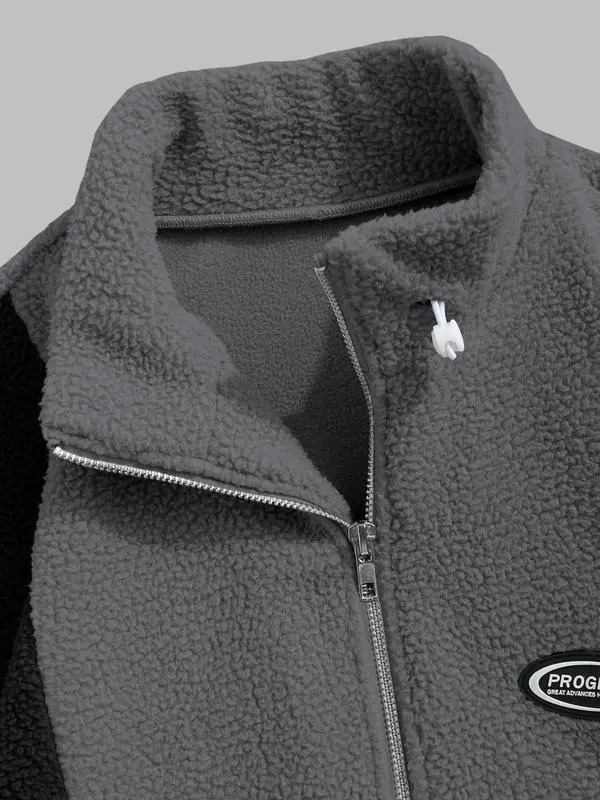 Unisex Colorblock Zip Up Fleece Jacket with Pockets