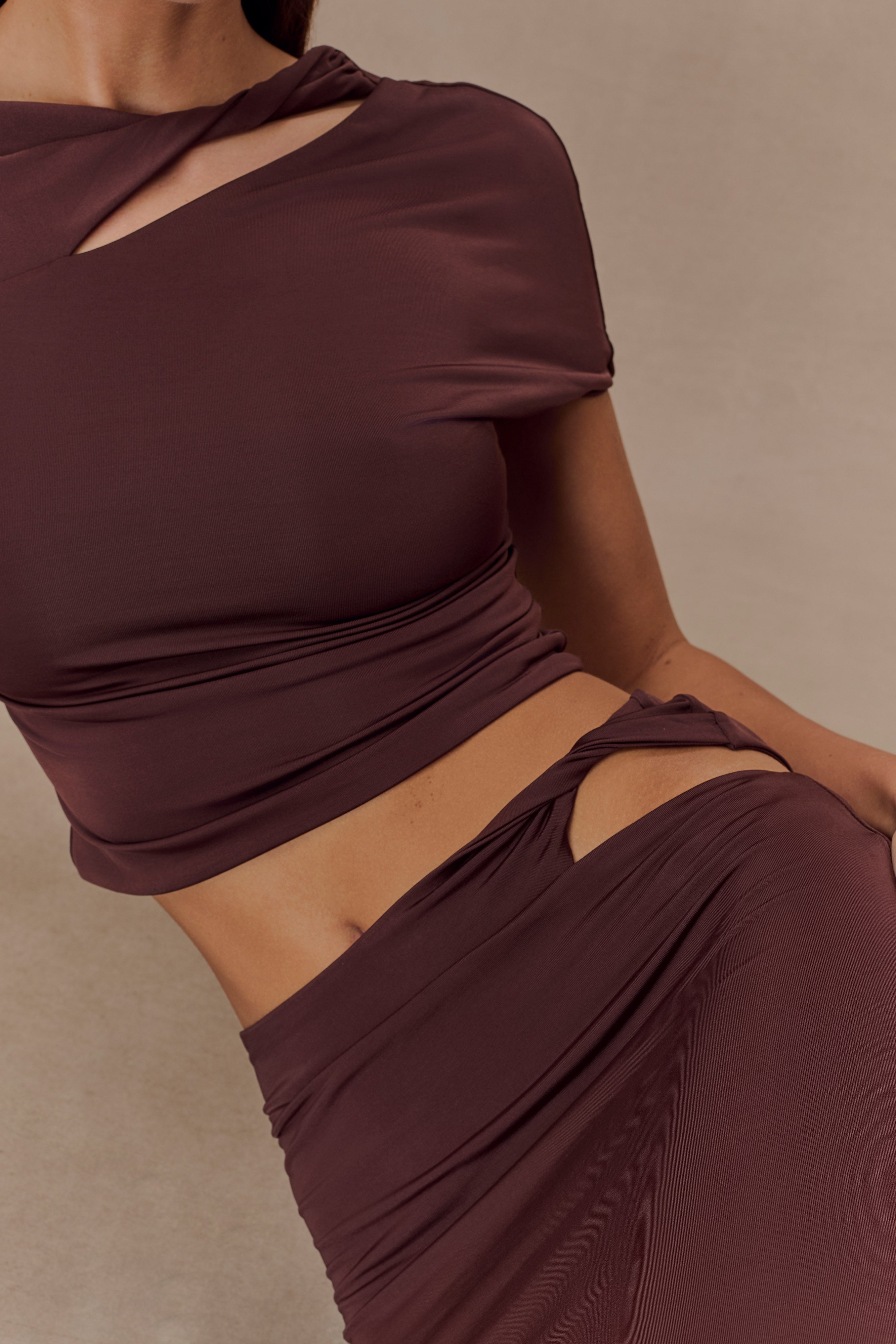 Chocolate Slinky Twist Midi Skirt