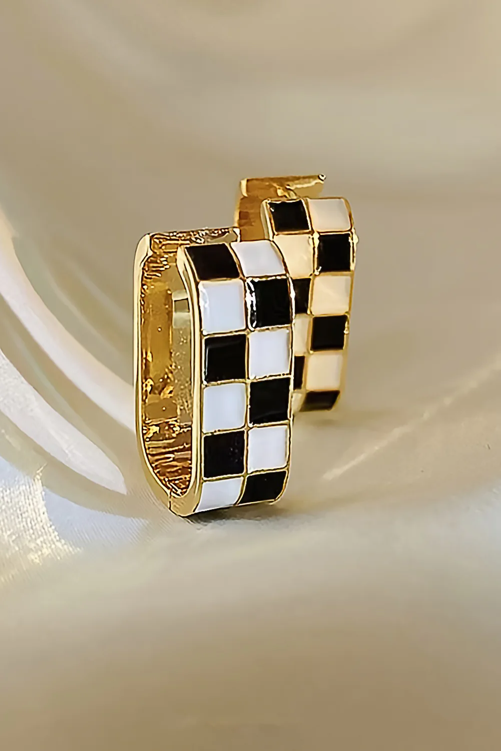 Gold Checkered Pattern Small Hoop Earrings