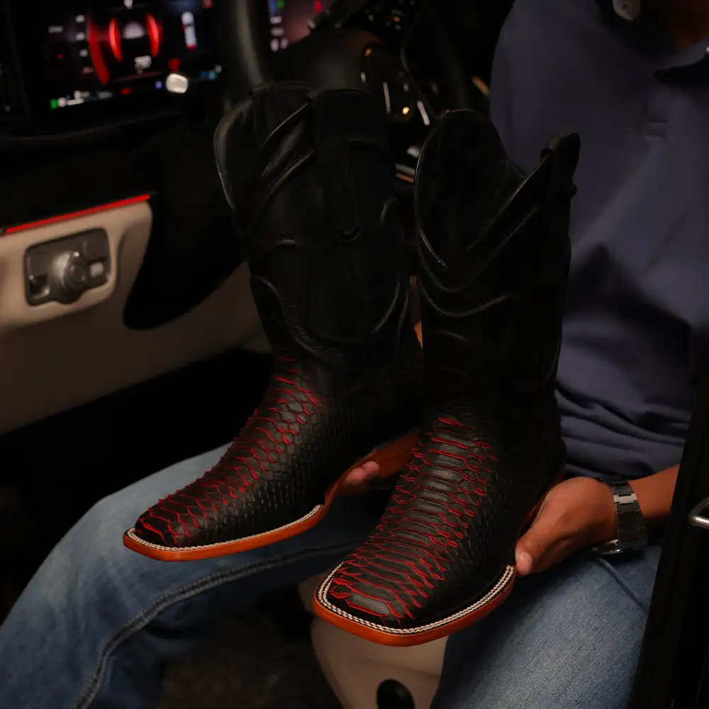 Matte Black Cherry Python Leather Boots - Square Toe