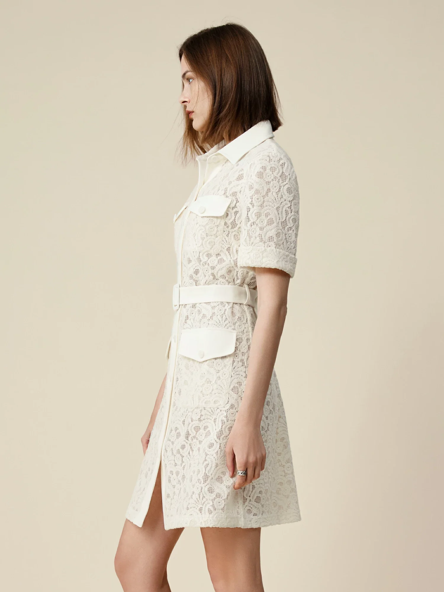 70% Cotton Lapel Short Sleeve Lace Pocket Dress