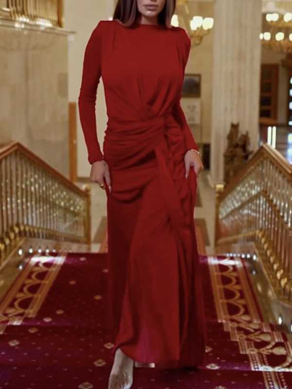 Solid Color Long Sleeves Mermaid Round-neck Maxi Dresses Evening Dresses