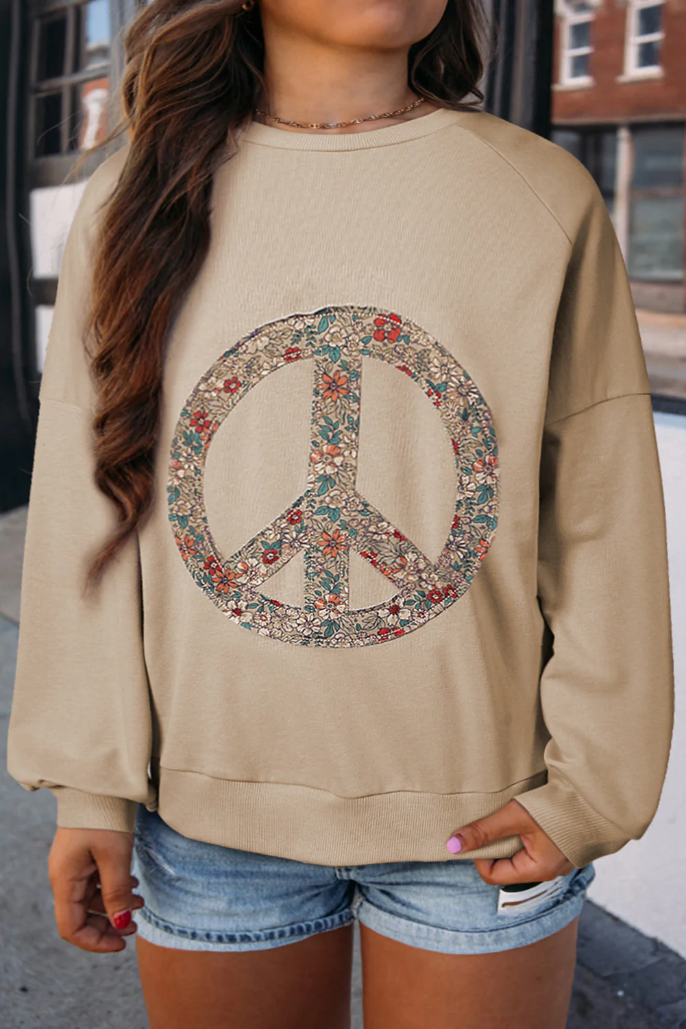 Jet Stream Floral Peace Sign Graphic Drop Shoulder Wide Sleeve Casual Top