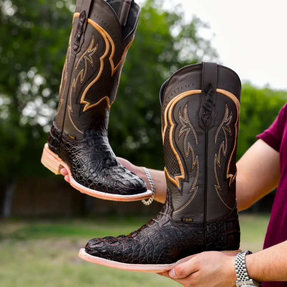 Chocolate Brown Caiman Neck Leather Boots - Square Toe