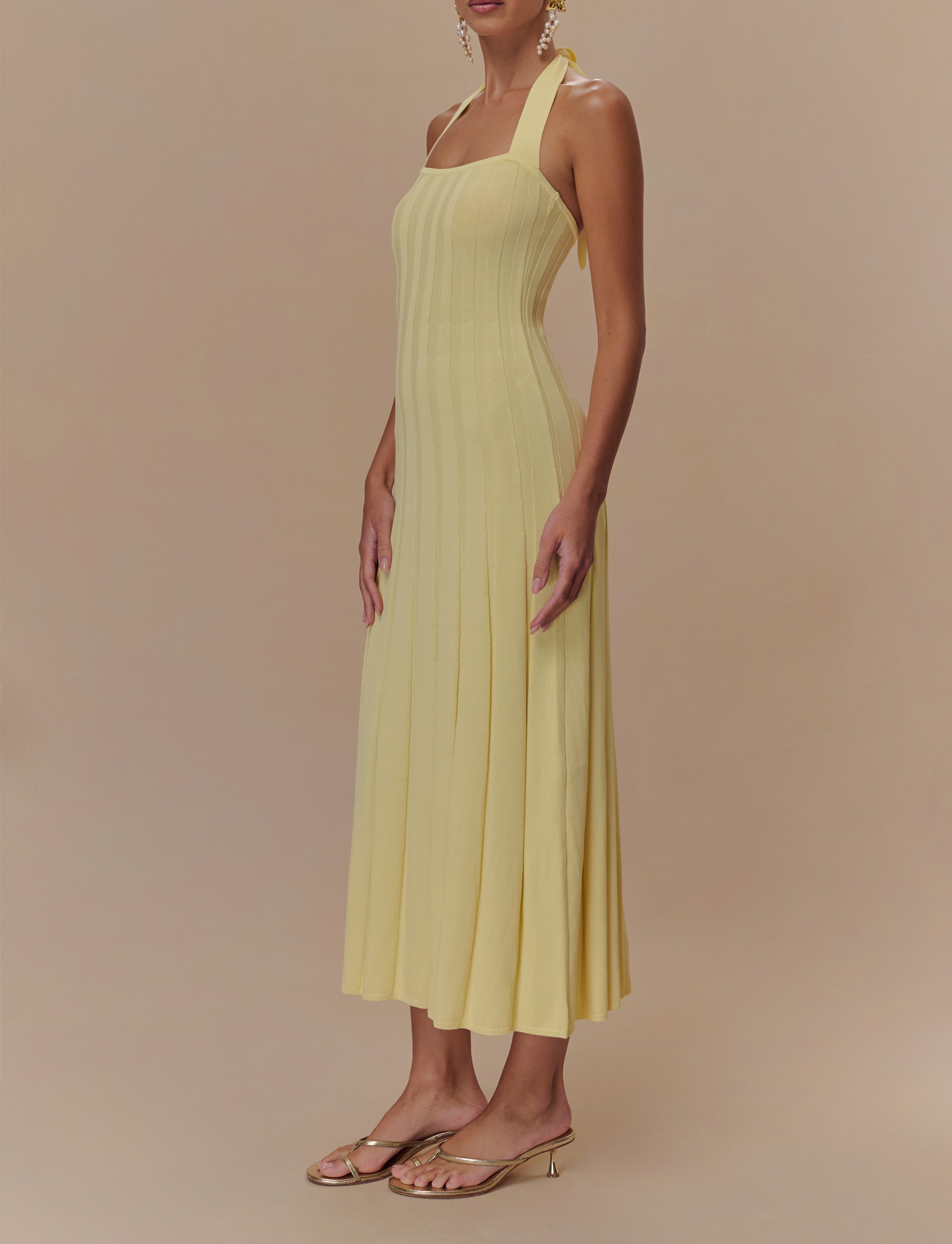 Lemon Halter Knit Midi Dress