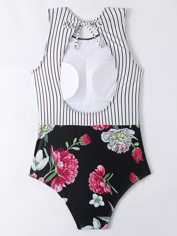 Striped+Floral Printed Split-Joint One-Piece Swimwear