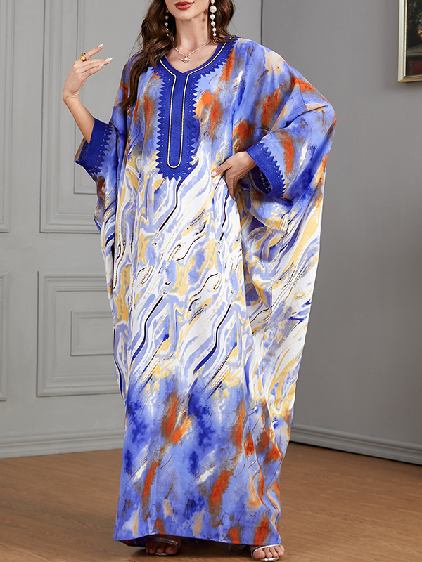Contrast Color Muslim Printed Split-Joint Batwing Sleeves Loose V-Neck Muslim Abaya Maxi Dresses