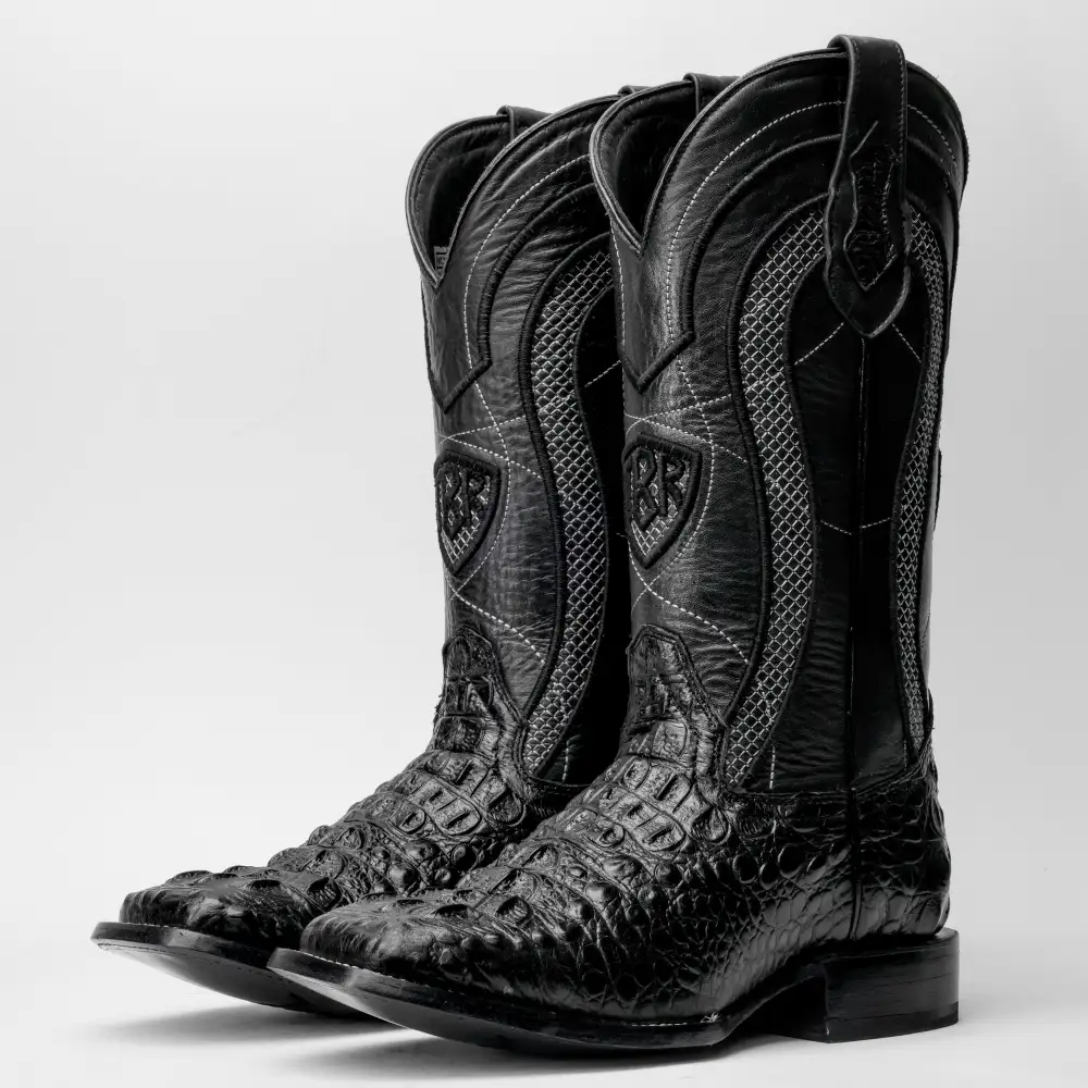 Black Caiman Neck Leather Boots - Square Toe