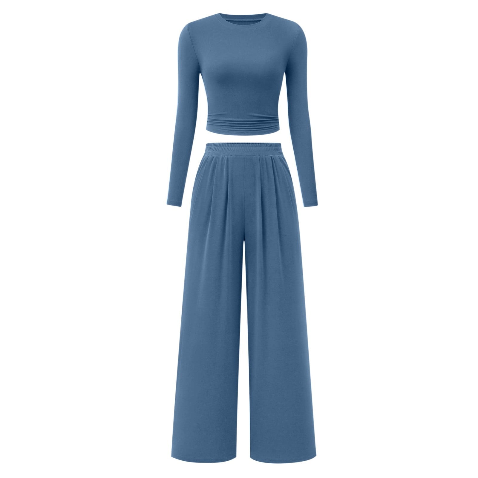 2-Piece Lounge Set – Ribbed Knit Long Sleeve Crop Top & Wide Leg Pants