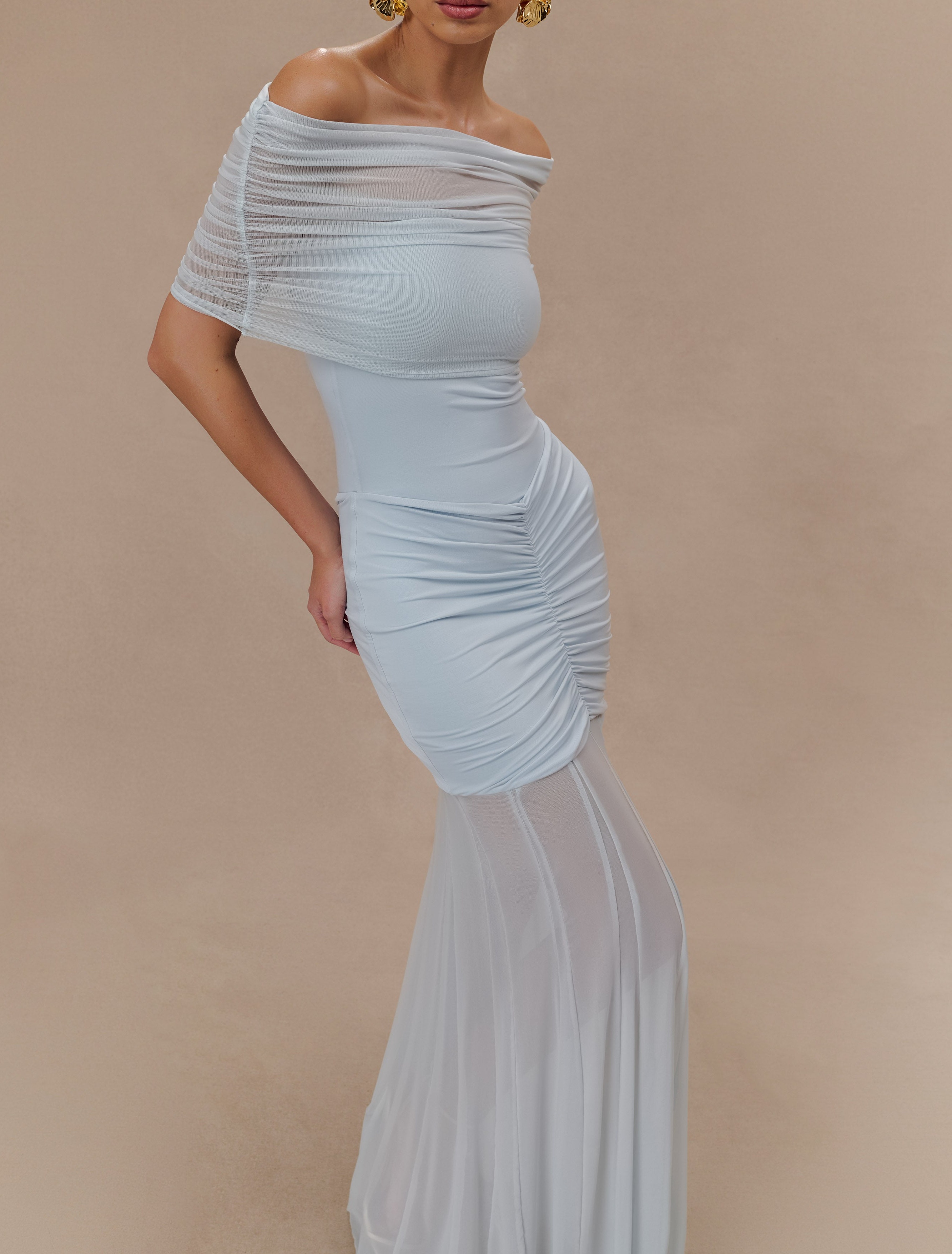 Blue Slinky And Mesh Off Shoulder Maxi Dress